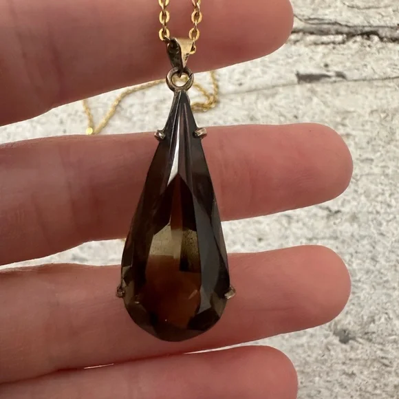 Vintage Sterling Modernist Smokey Quartz Pendant With Gold Tone Chain